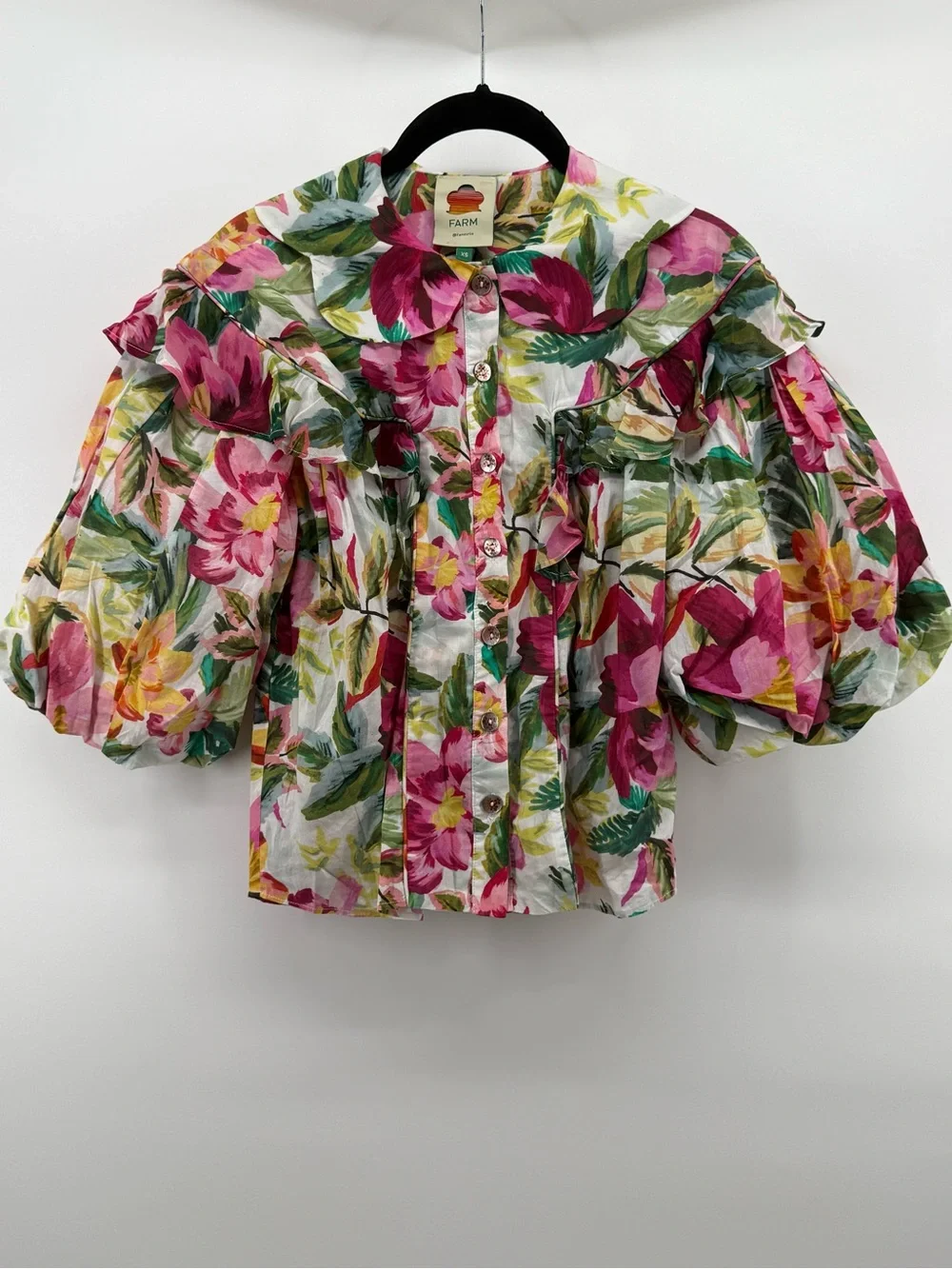 Farm Cropped Buttondown Top XS  Painted Flowers Ruffled Puff sleeve
